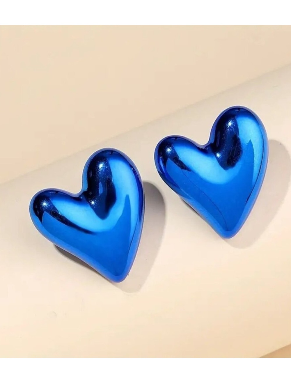 Blue Heart Stud Earrings - Polished Metallic Heart Earrings
